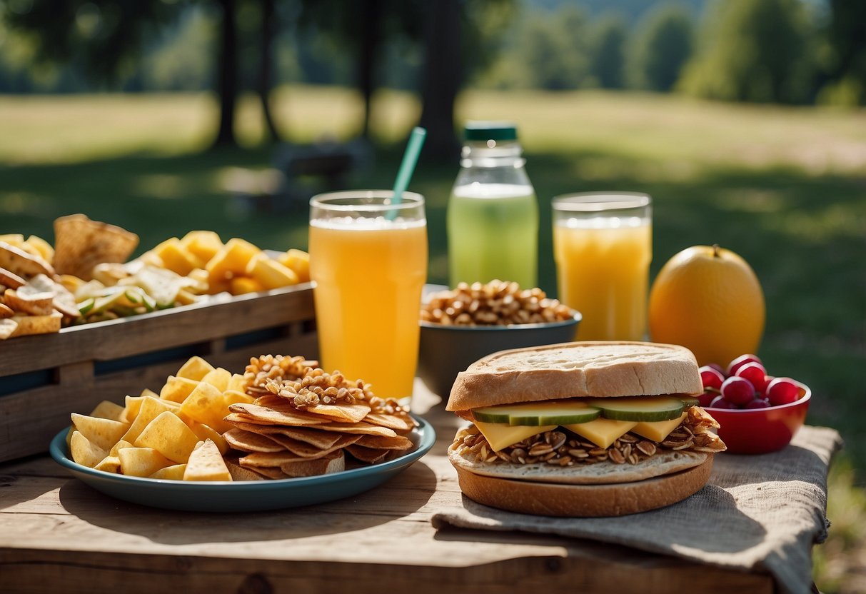 A picnic table covered in a variety of snacks, from chips and fruit to sandwiches and granola bars, surrounded by camping gear and a scenic outdoor backdrop