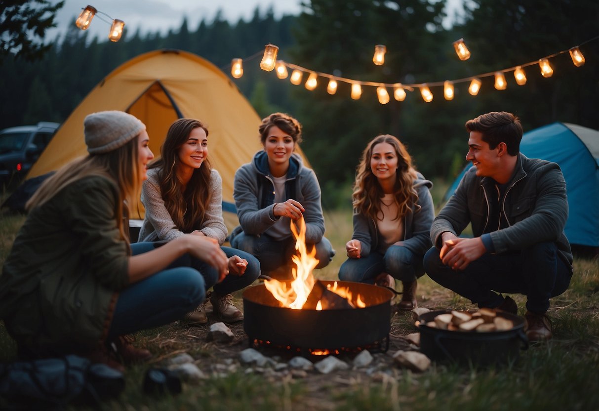 A group of teens and adults gather around a campfire, roasting marshmallows and sharing stories. Tents are set up in the background, with lanterns and camping gear scattered around