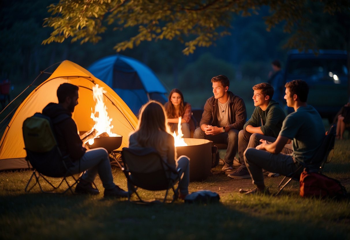 A group of teens and adults sit around a campfire, discussing rules and tips for camping. Tents are pitched in the background, and the glow of the fire illuminates the scene