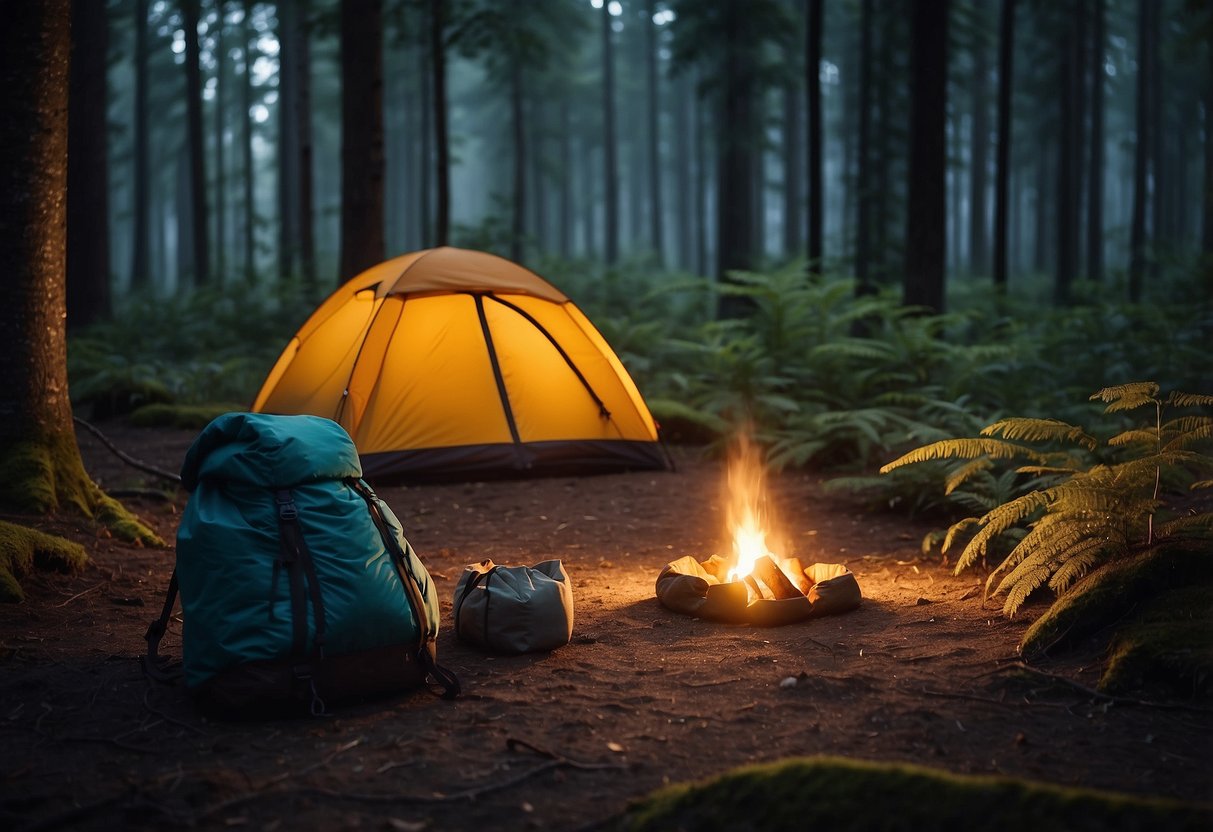 A tent pitched in a serene forest clearing, with a campfire crackling nearby. Backpacks and sleeping bags are neatly arranged, and a lantern illuminates the scene