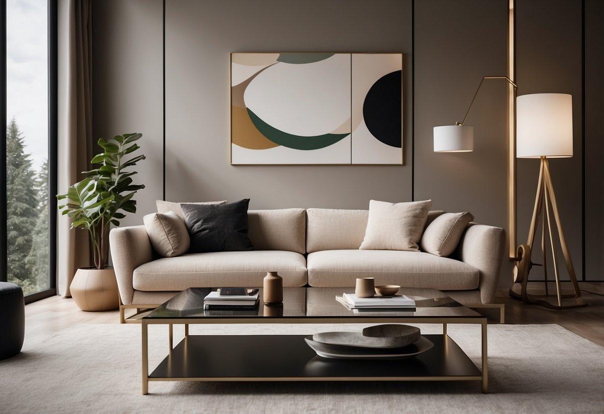 A modern living room with sleek weltmeister furniture, featuring a minimalist sofa, coffee table, and sideboard in a neutral color palette
