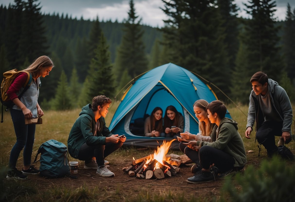 A campsite with a group of teenagers setting up tents, cooking over a campfire, and using technology responsibly in accordance with the Tech Policy 7 Tips for Camping with Teens