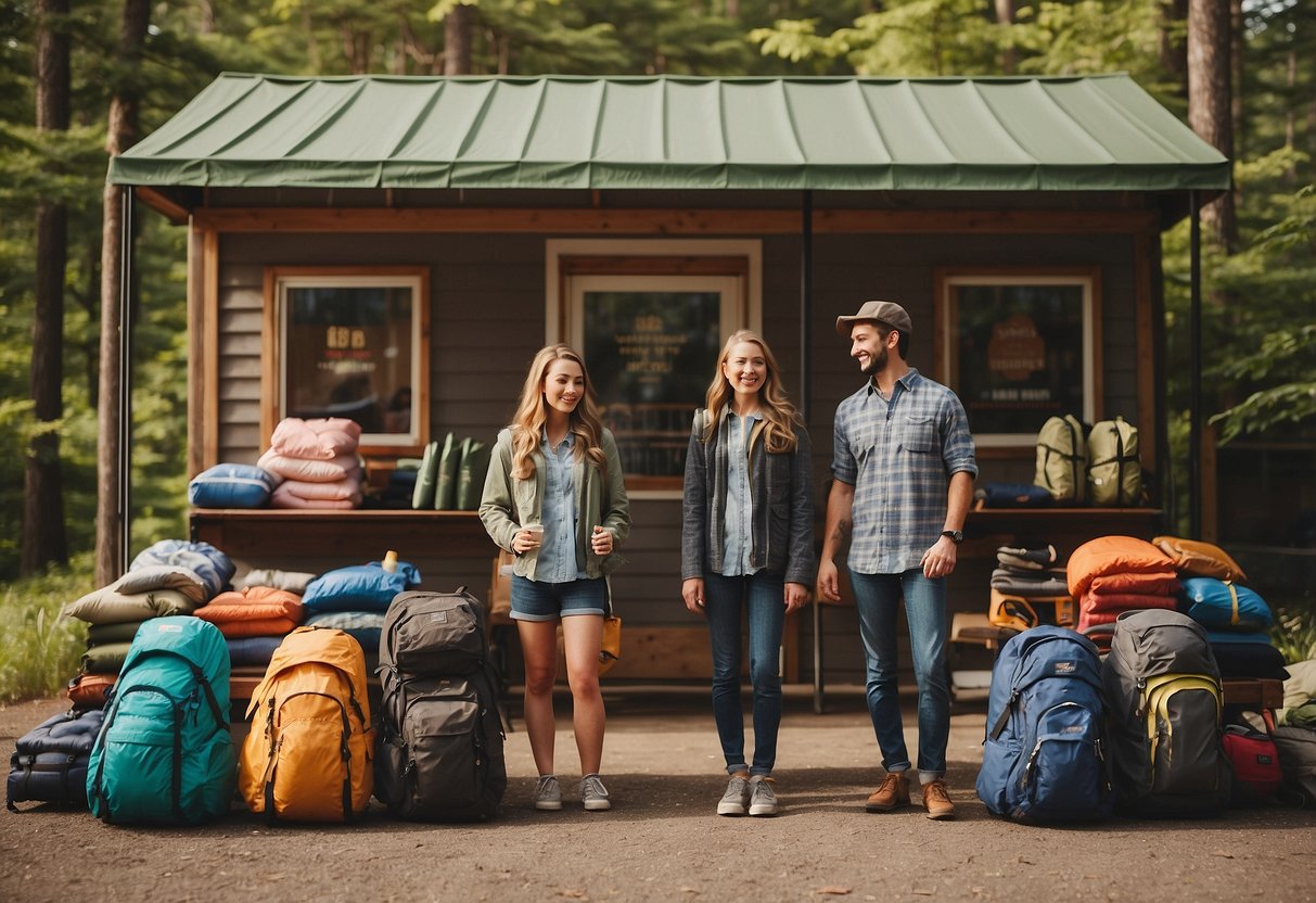 A family stands in front of a camping gear store, looking at different tents, sleeping bags, and backpacks. The sun is shining, and the store's sign reads "Choosing the Right Camping Gear 7 Tips for Camping with Teens."