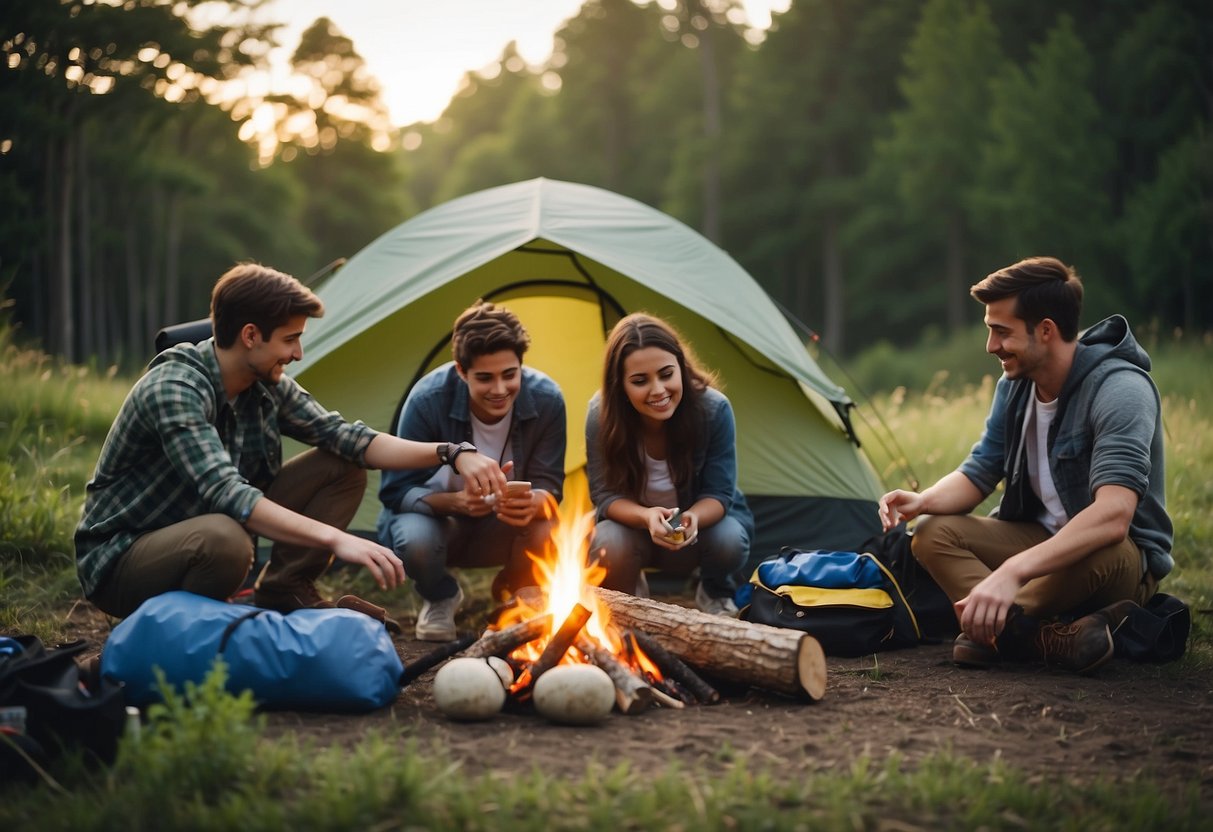 A group of teens and adults setting up a campsite, pitching tents, organizing gear, and preparing a campfire. Safety equipment like first aid kits and emergency contacts are visible