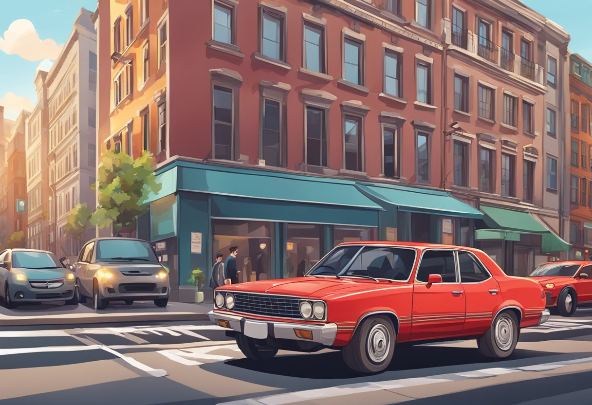 A red car with a distinctive license plate parked in a busy city street