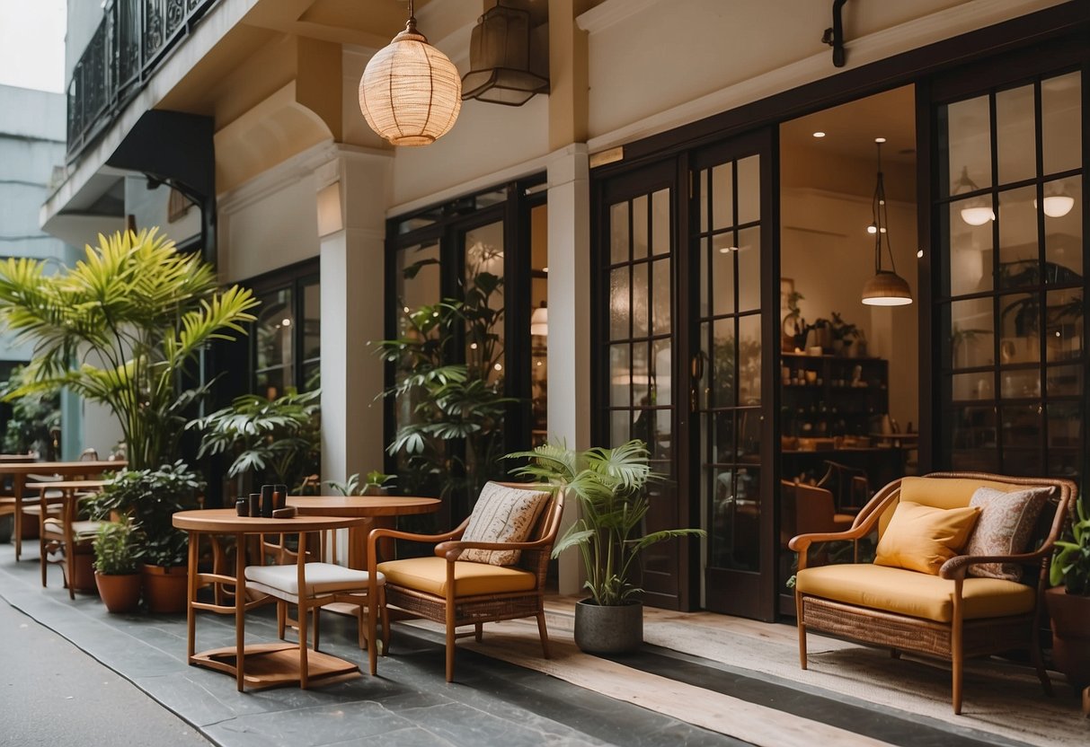 A cozy shophouse in Singapore, filled with elegant furniture and vibrant decor. The room is bathed in warm, natural light, creating a welcoming and inviting atmosphere