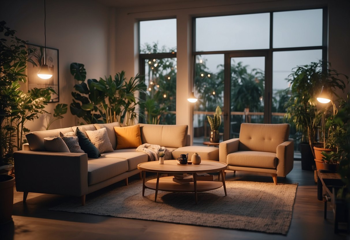 A cozy living room with a modern weltmeister furniture set, surrounded by potted plants and warm lighting