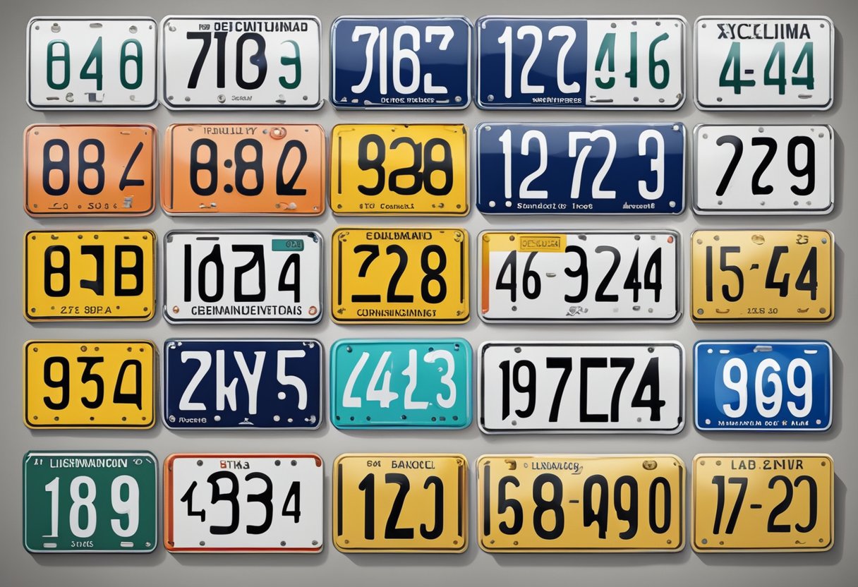 A row of German license plates arranged on a wall, with various colors and numbers