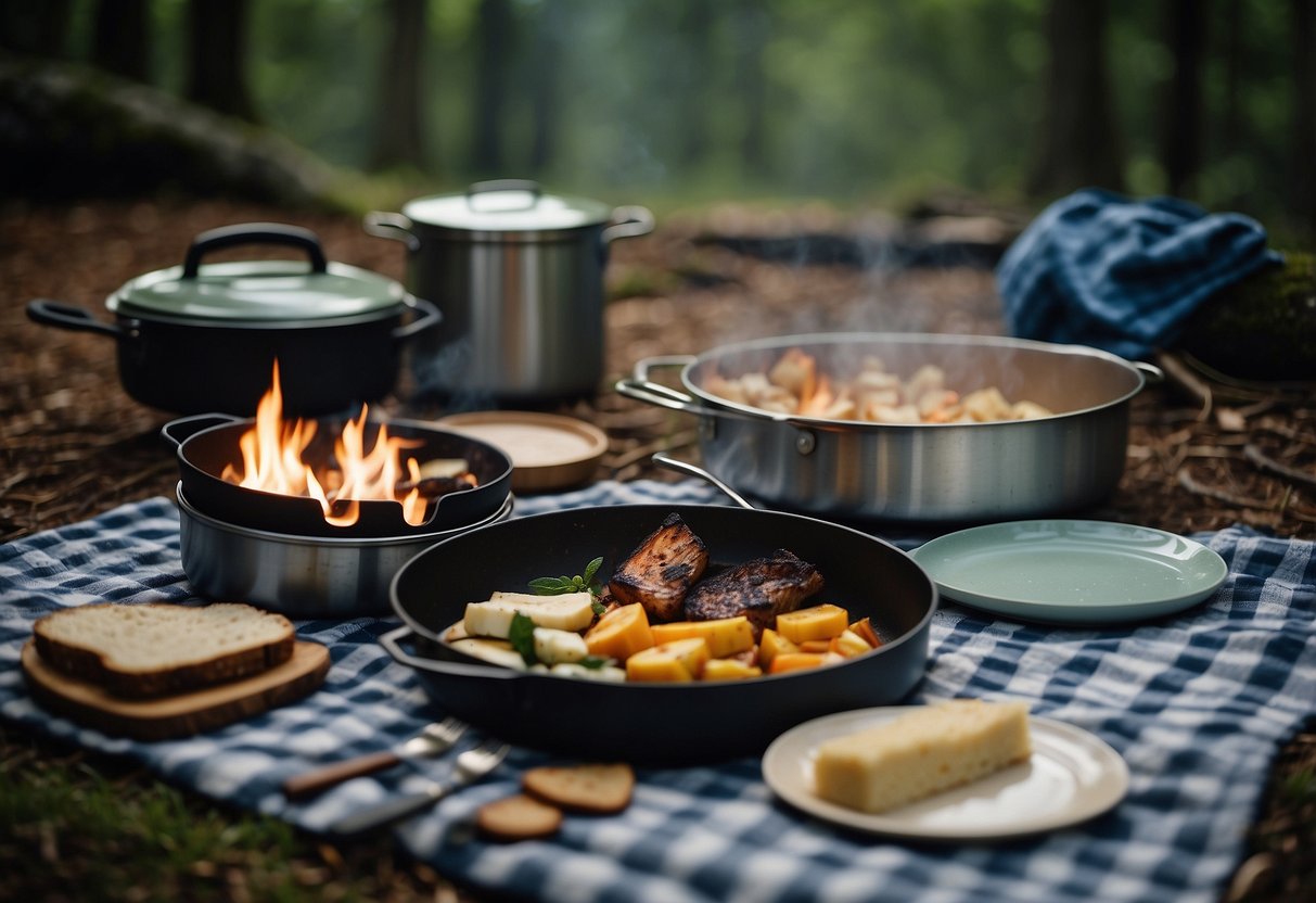 A campfire surrounded by 5 different mess kits, each containing plates, utensils, and cookware. The kits are arranged neatly on a checkered picnic blanket, with a backdrop of a serene forest setting