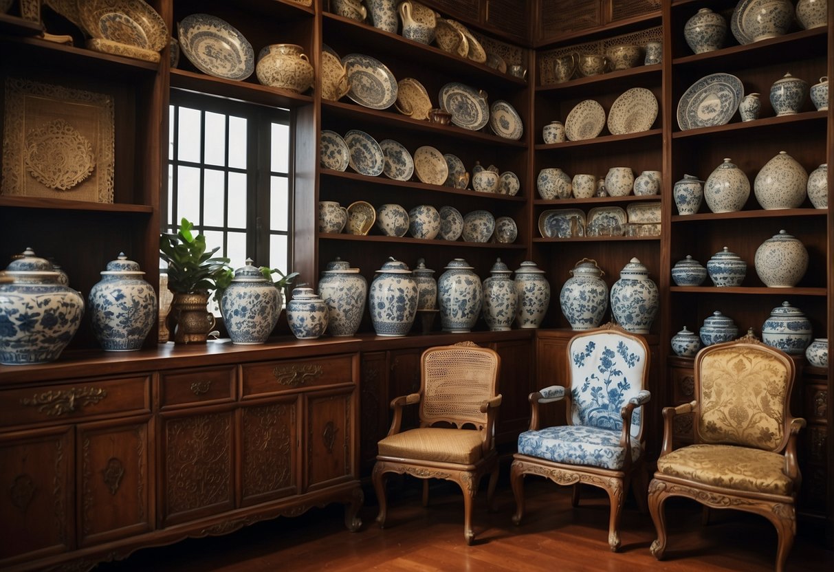 A cluttered shophouse interior with ornate wooden cabinets, rattan chairs, and vintage porcelain vases. Traditional Peranakan motifs adorn the furniture, reflecting Singapore's rich cultural heritage