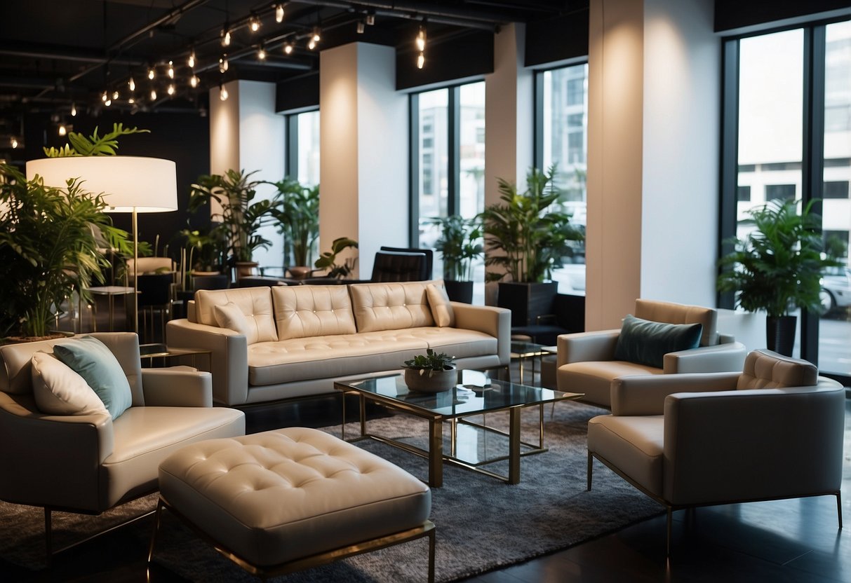 A sleek, modern showroom with rows of stylish furniture. Bright lighting highlights the clean lines and luxurious finishes. Bold signage reads "Lush Furniture."