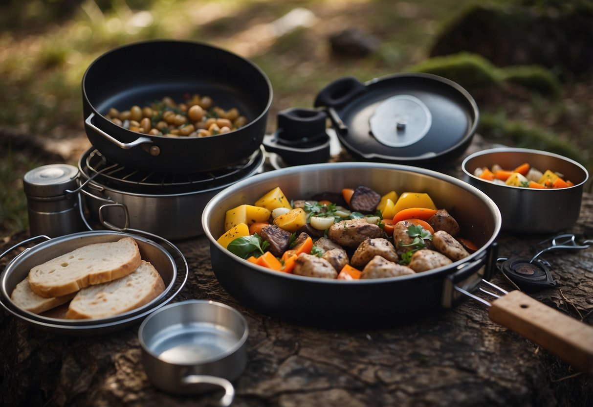 A camping mess kit laid out with a pot, pan, cups, plates, and utensils. Surrounding it are a stove, fuel, and food items