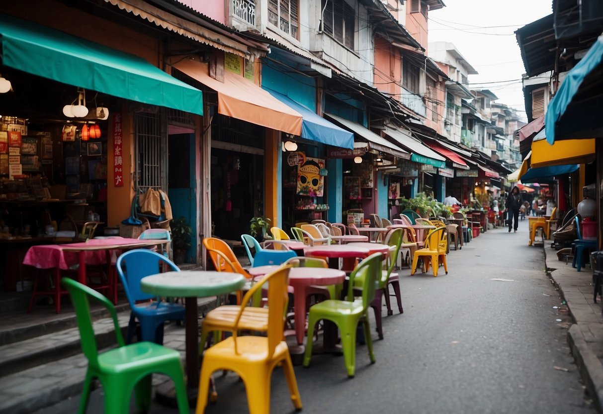 A bustling street lined with colorful shophouses, each displaying unique furniture designs. Vibrant signs and bustling activity fill the scene