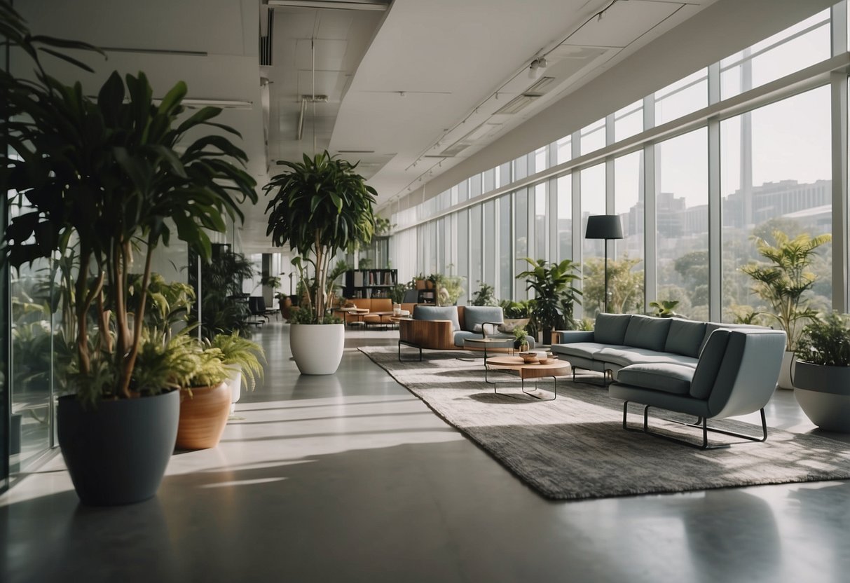 A modern office setting with sleek and comfortable furniture, surrounded by greenery and natural light