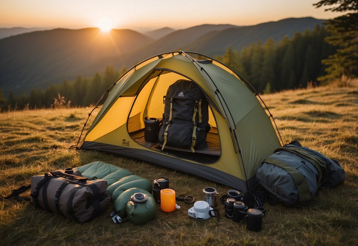 A tent pitched on a grassy hill, surrounded by lightweight camping gear including a compact stove, sleeping bag, and backpack. The sun is setting, casting a warm glow on the scene