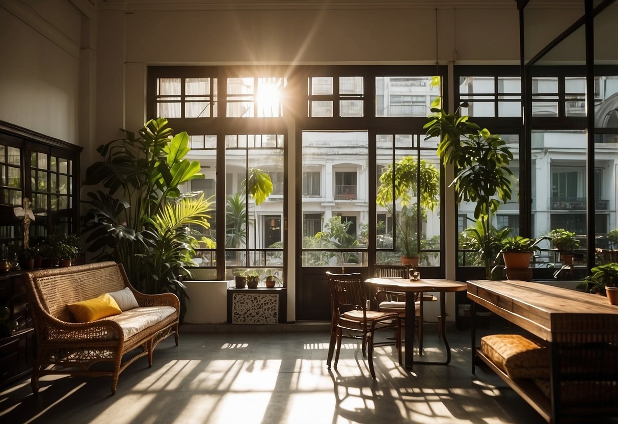 A cozy shophouse in Singapore, filled with stylish furniture and decor. Bright sunlight streams through the windows, casting shadows on the intricately designed pieces