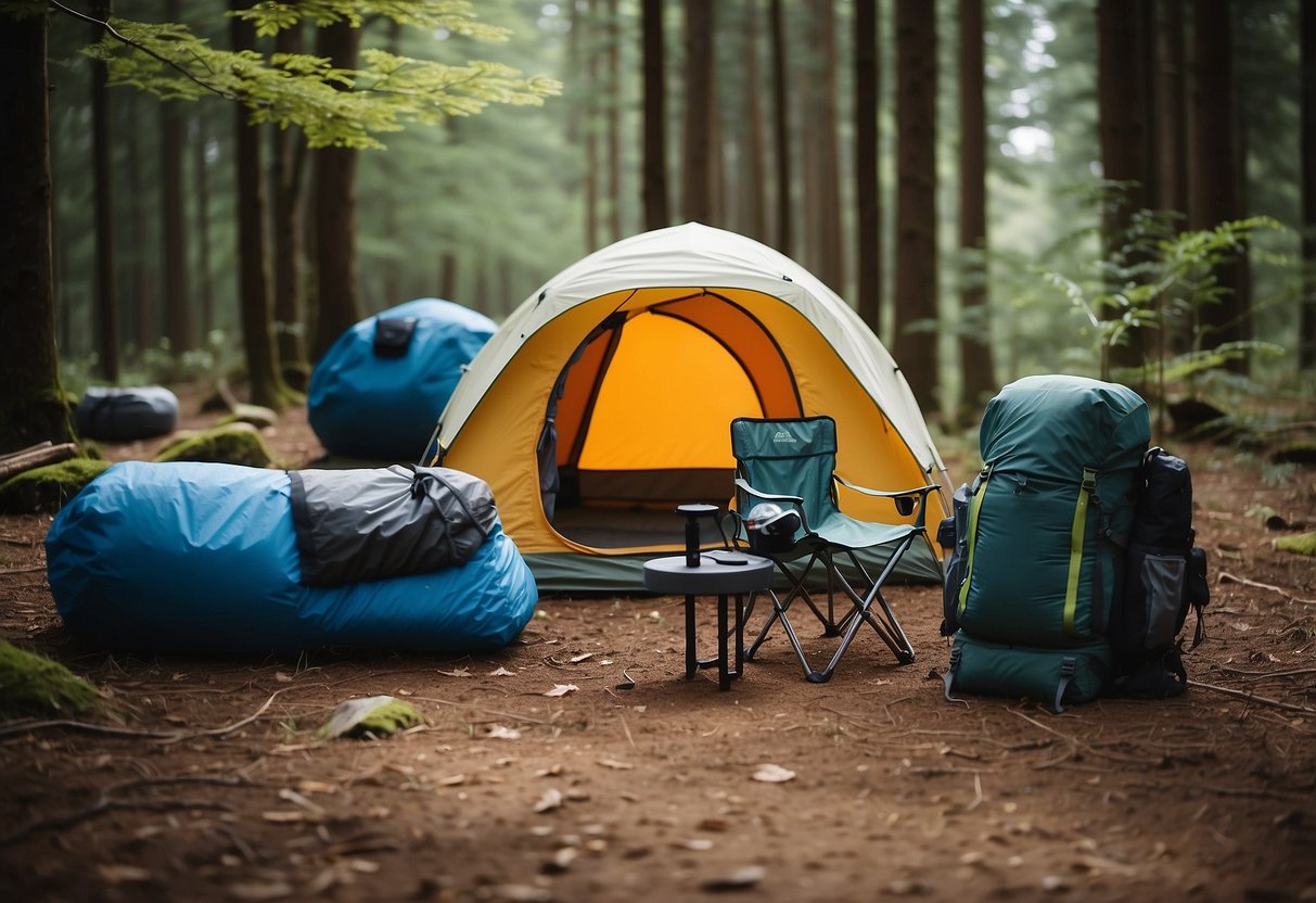 A campsite with compact, efficient gear: ultralight tent, portable stove, and foldable chairs. Backpacks and sleeping bags are streamlined and easy to carry