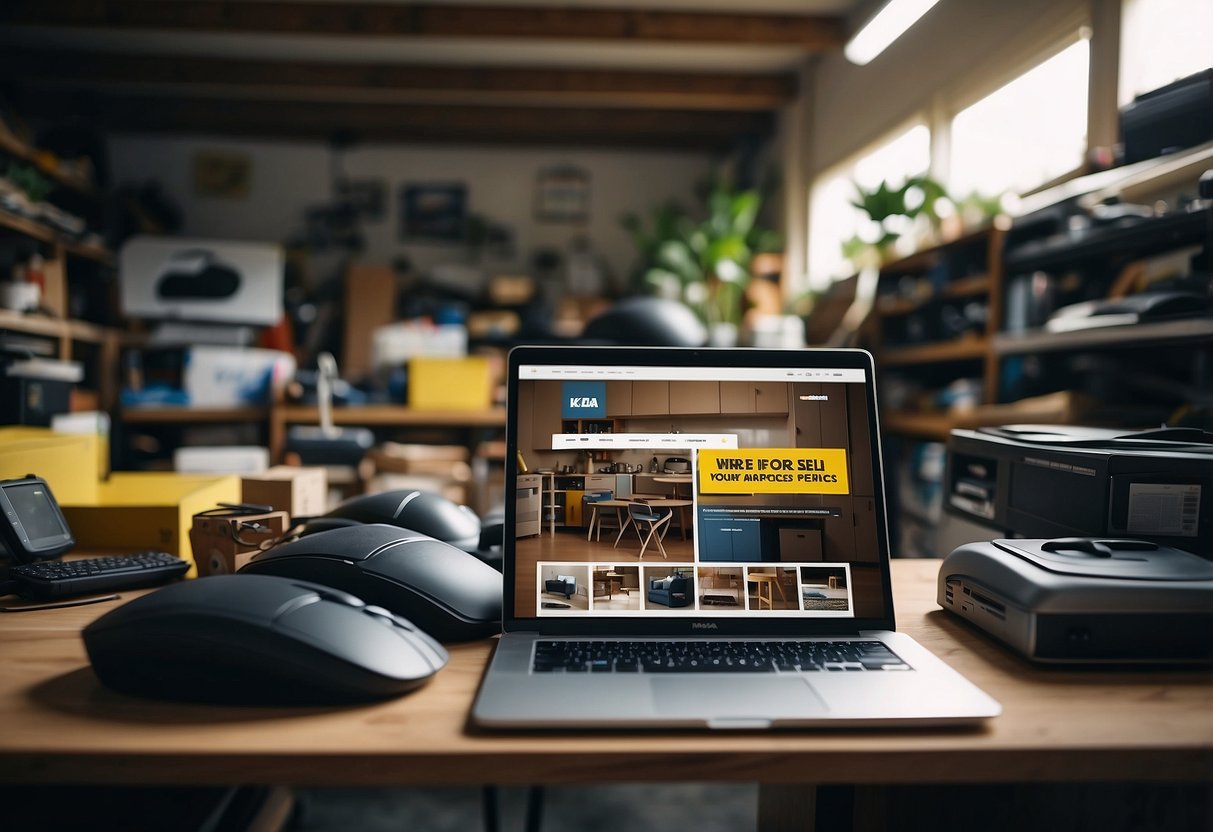 A cluttered garage with shelves of used IKEA furniture, a person browsing online marketplace on a laptop, and a sign reading "Where to Sell Your Pre-Loved IKEA Pieces"