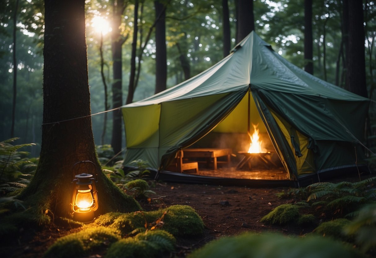 A tent pitched in a lush, green forest with moisture hanging in the air. A small campfire crackles, surrounded by damp foliage. A lantern illuminates the scene as the sun sets behind the trees