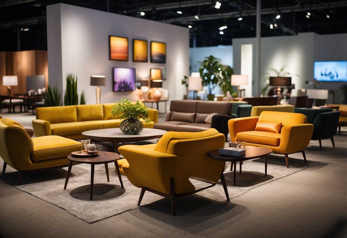 A bustling furniture and furnishings fair with colorful displays and modern designs. Bright lights illuminate the sleek furniture and stylish decor, while visitors browse and admire the latest trends