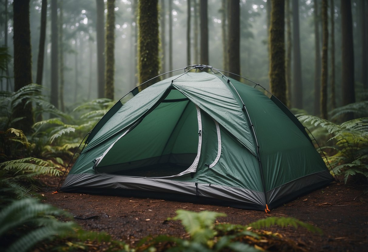 A waterproof tent pitched in a lush, humid forest. Condensation beads on the exterior. Damp foliage surrounds the campsite