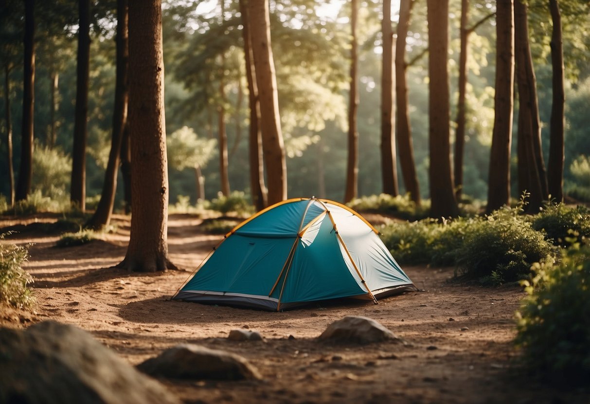 A campsite with sloping ground and visible drainage channels. Trees and shrubs provide shade. A tent is pitched on dry, level ground