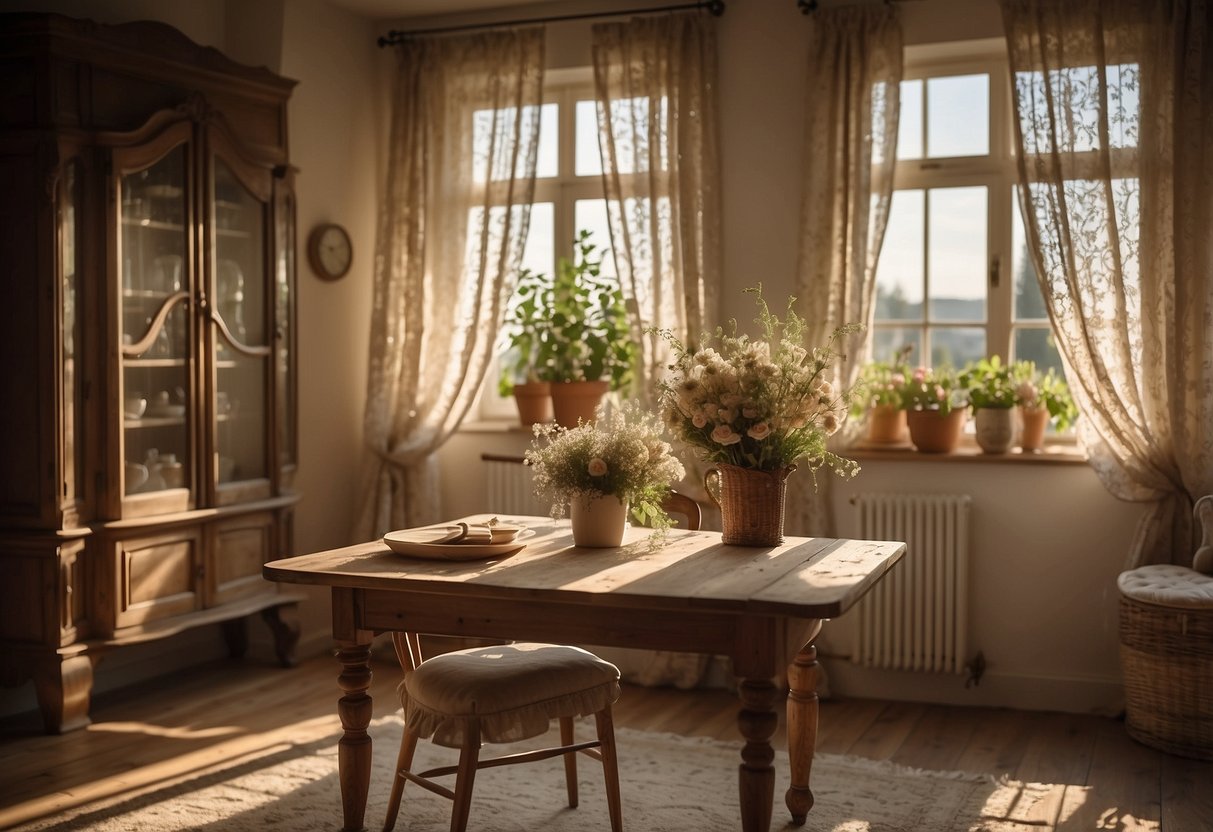 A cozy living room with a rustic wooden dining table, a vintage floral armchair, and a distressed white cabinet. Sunlight streams in through lace curtains, casting a warm glow on the charming French country-style furniture