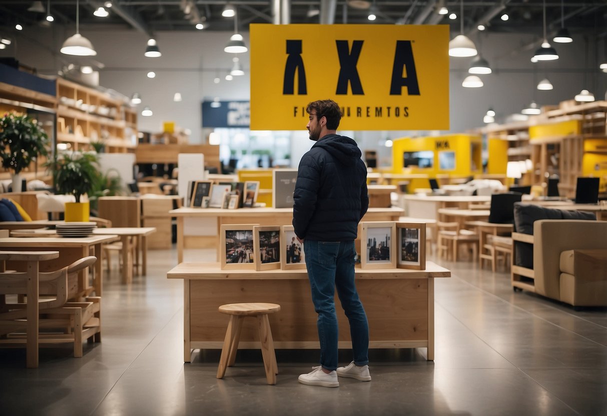 A person browsing through a variety of used IKEA furniture items displayed in a marketplace or online platform, with a sign reading "Frequently Asked Questions: Where to sell used IKEA furniture?" visible in the background