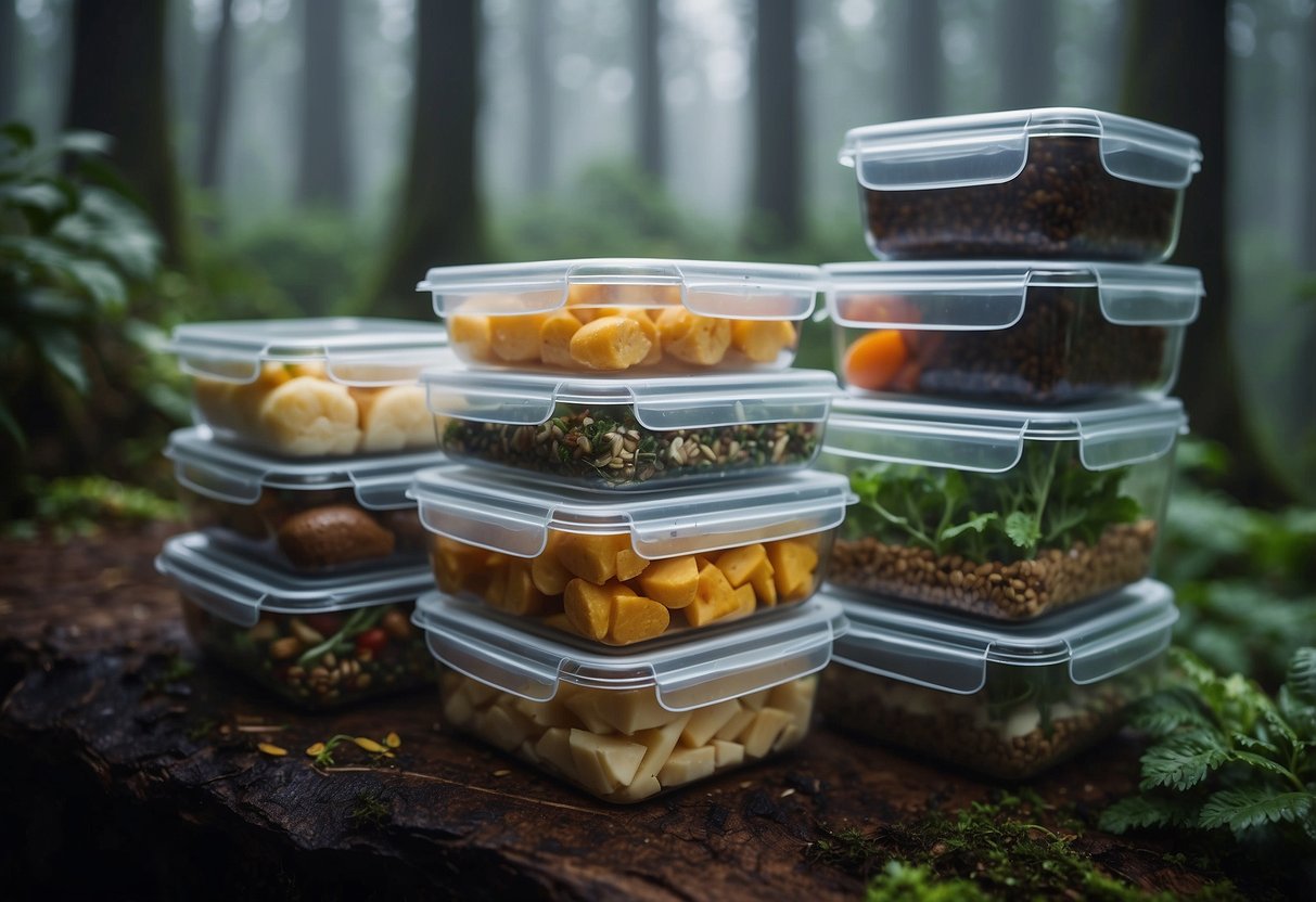 Food stored in airtight containers, surrounded by moisture. Tent pitched in humid forest, with damp ground and foggy air