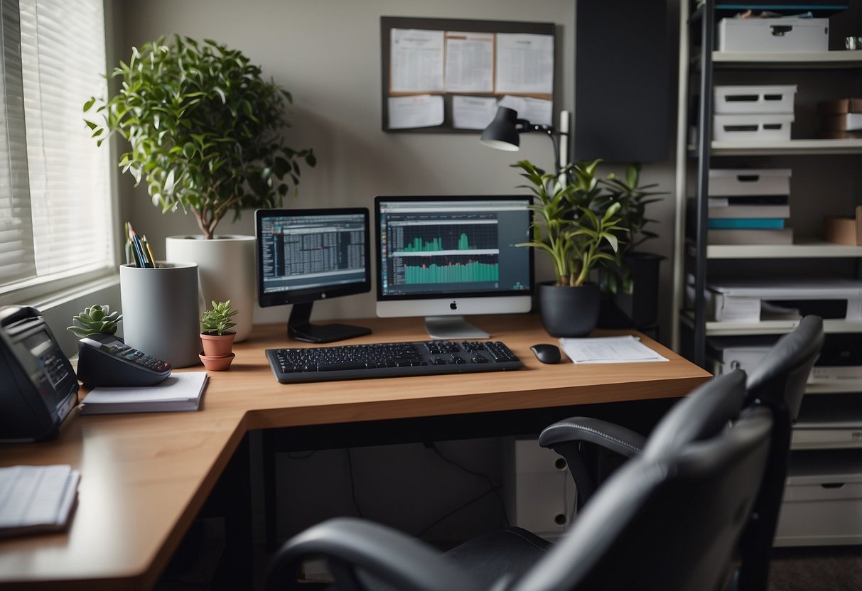 A desk with a computer, calculator, and budgeting documents. Shelves with binders and office supplies. A comfortable chair and a plant in the corner