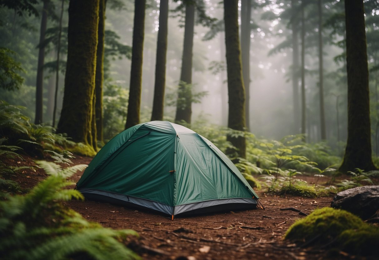 A tent pitched in a lush, green forest with a slight mist in the air. Gear scattered around the campsite, including a dehumidifier, quick-dry clothing, and waterproof backpacks