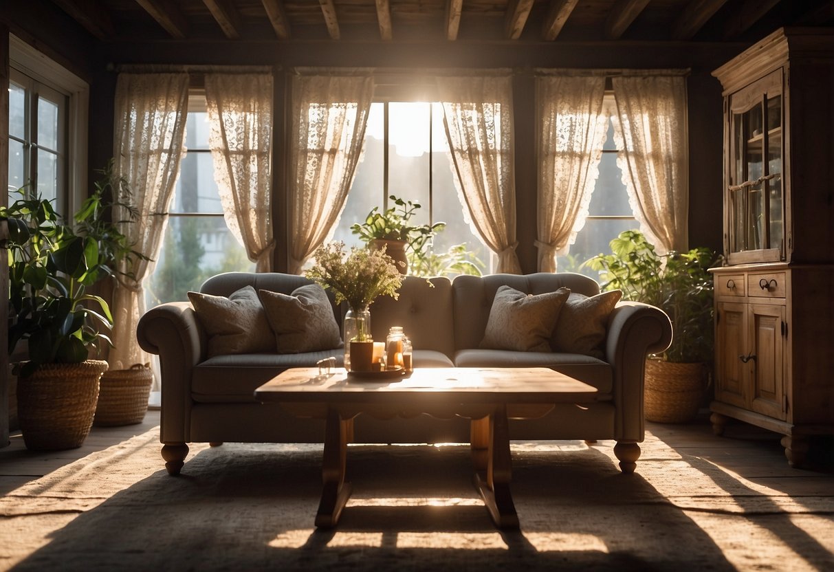 A cozy living room with a rustic wooden dining table, a floral-patterned armchair, and a distressed white cabinet. Sunlight streams in through lace curtains, casting a warm glow on the vintage decor