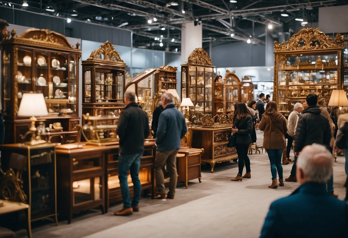 Visitors browse through modern and traditional furniture displays at the bustling fair