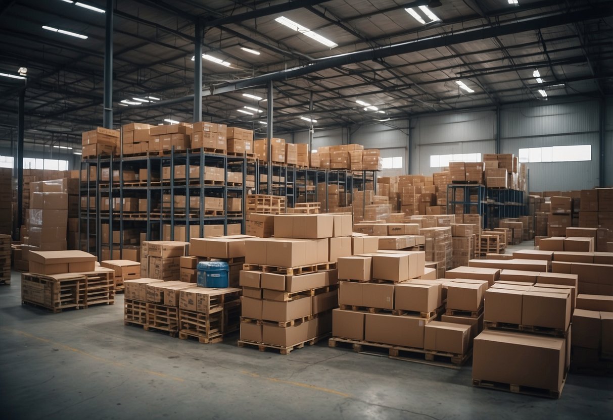 A warehouse in Singapore houses a diverse collection of furniture, neatly organized and stacked on shelves and pallets