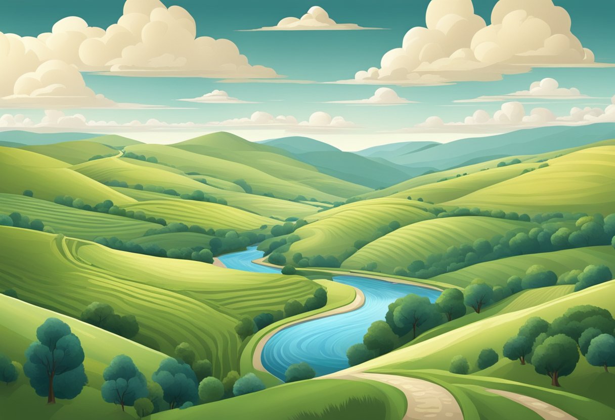 A serene landscape with rolling hills and a winding river