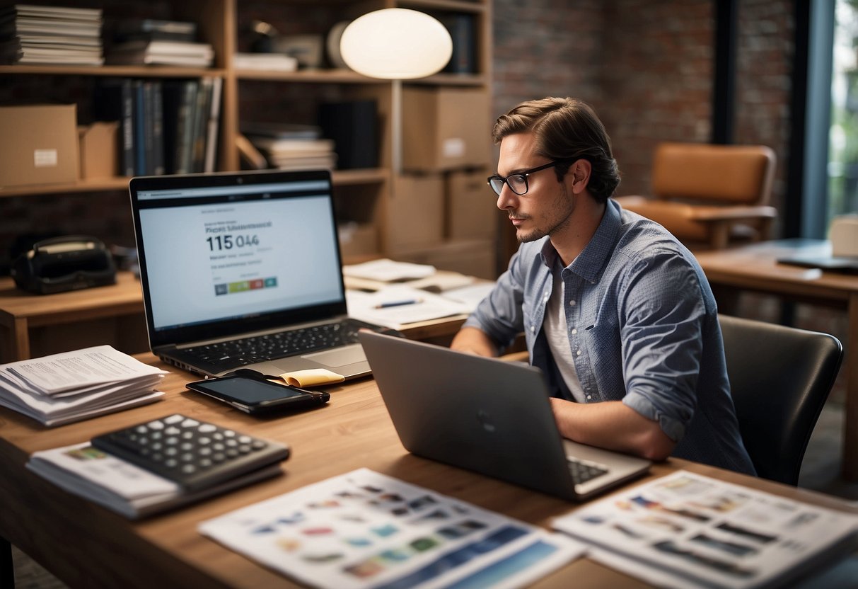 A person sits at a desk with a laptop, surrounded by furniture catalogs and a calculator. They are carefully planning their furniture budget