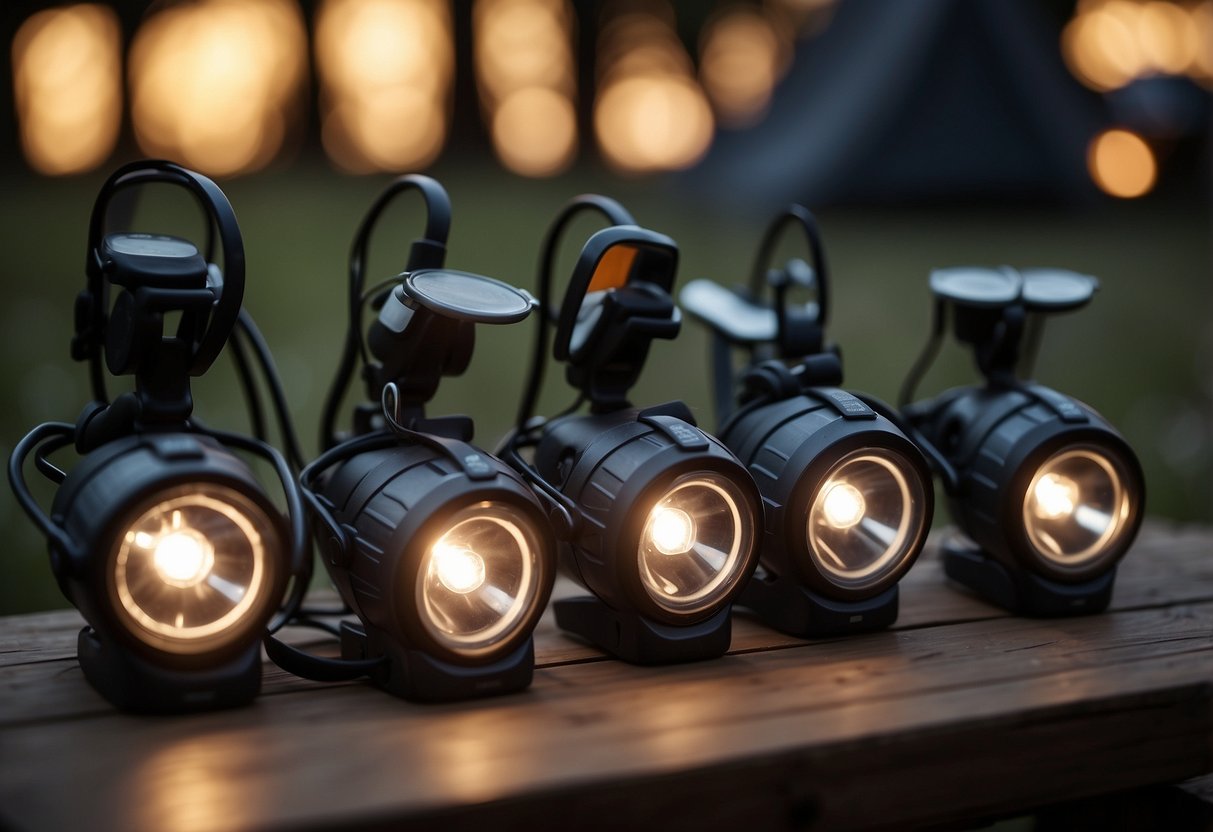 A group of five camping headlamps arranged on a rustic wooden table, surrounded by outdoor gear and illuminated by the soft glow of a campfire