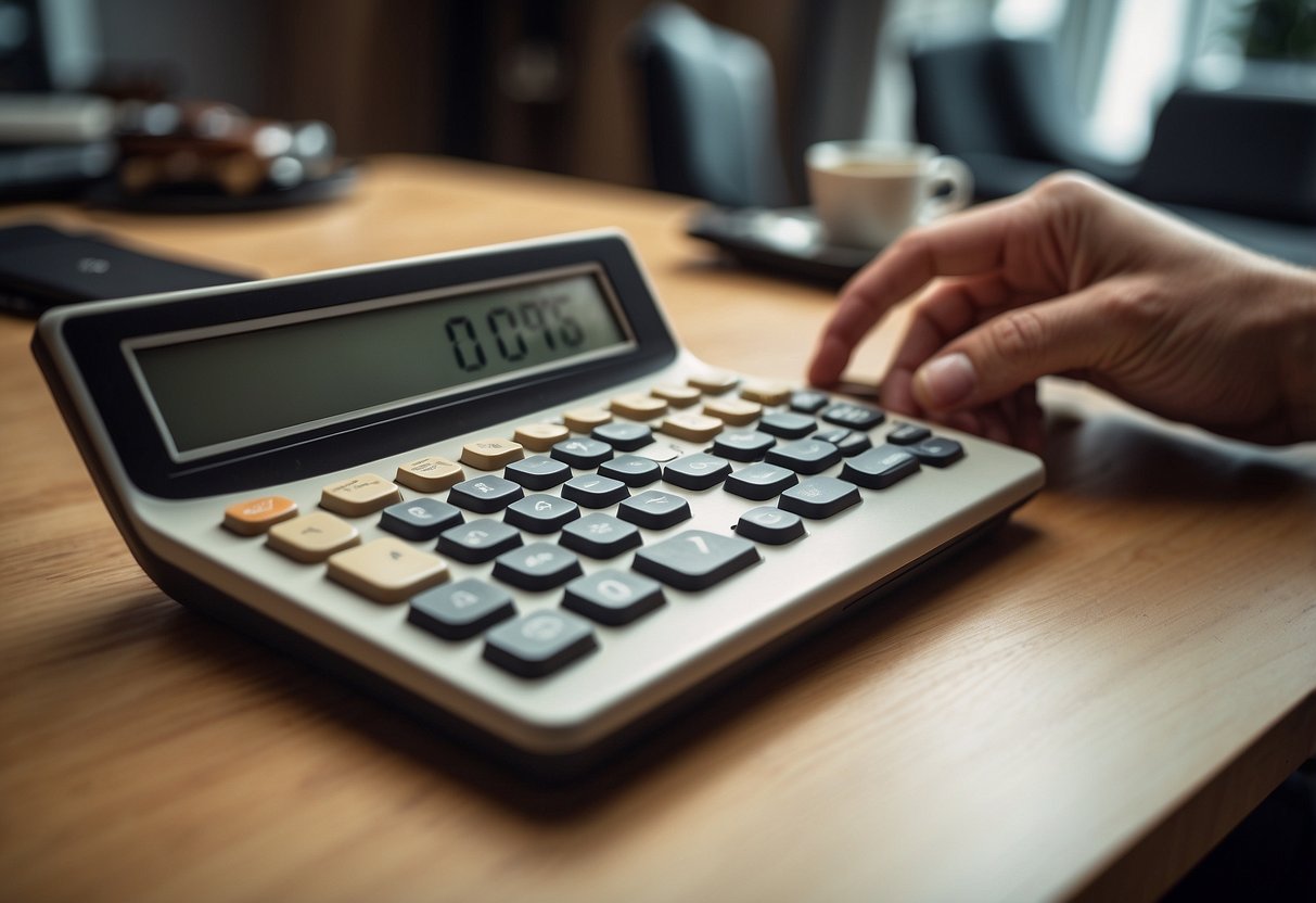 A person using a budget calculator to select furniture and accessories for a room