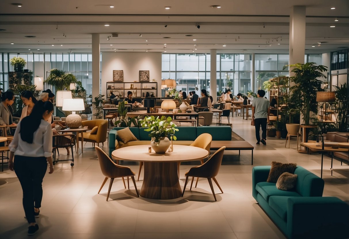 Customers browsing through various furniture displays at a Singapore collection centre