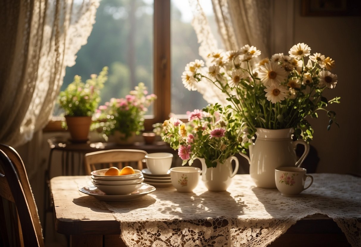 A cozy, rustic kitchen with a distressed farmhouse table, ladder-back chairs, and a floral tablecloth. Sunlight streams through lace curtains, casting a warm glow on the vintage dishes and fresh flowers