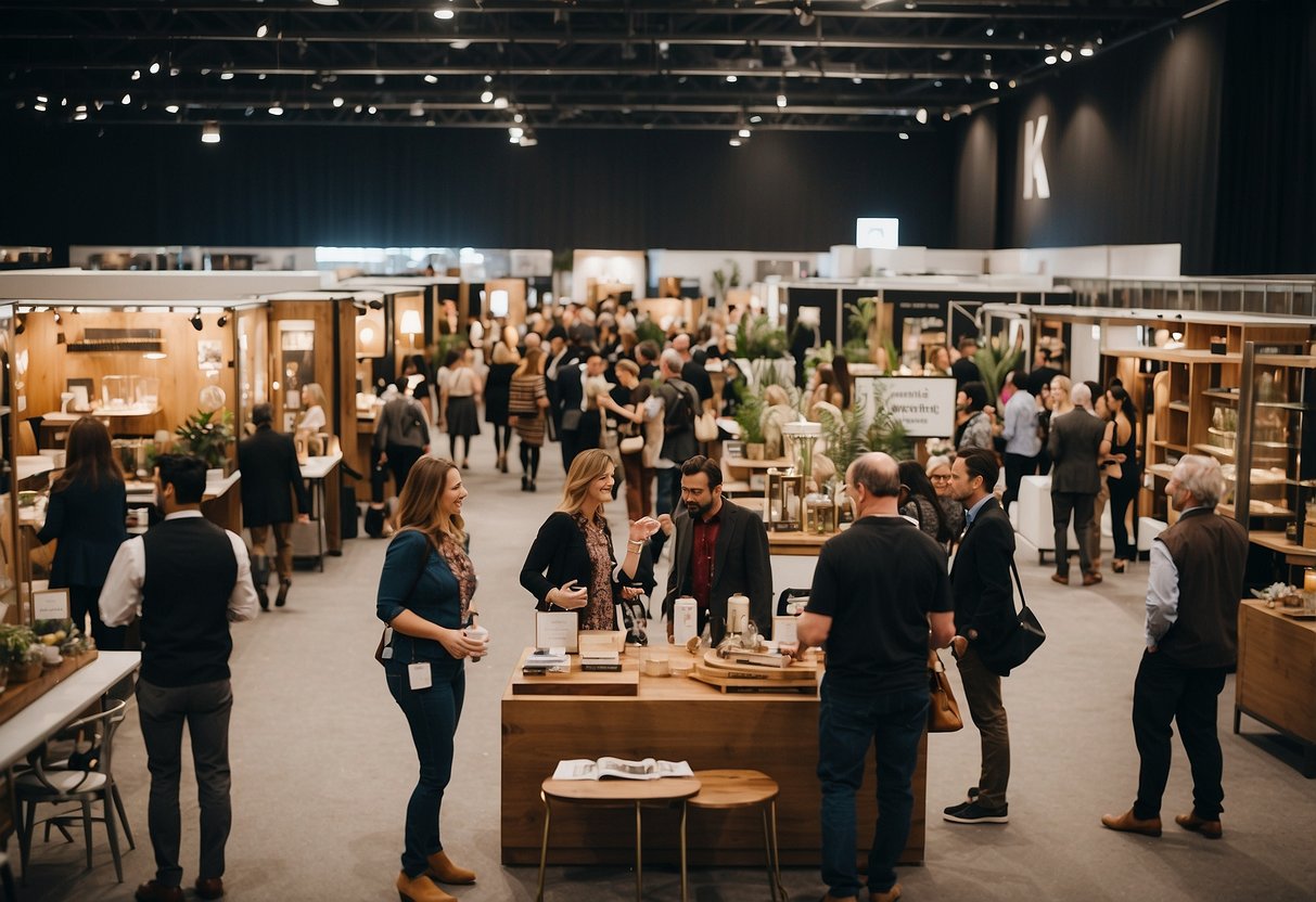 A bustling furniture and furnishings fair with vendors showcasing their products and attendees networking and discussing business opportunities