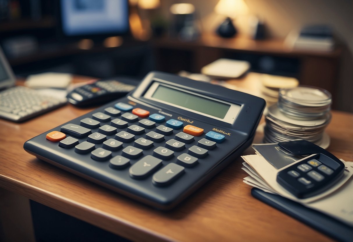 A calculator surrounded by furniture items with price tags