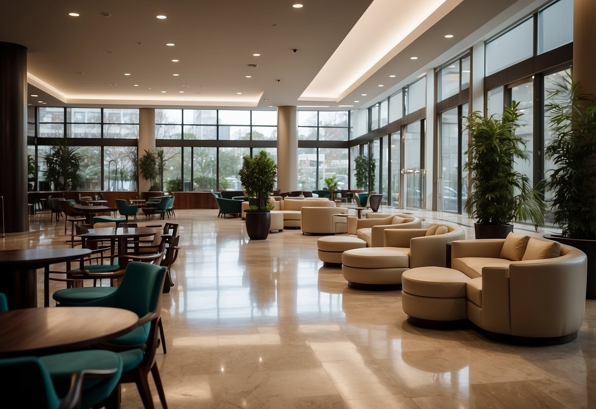The lobby is furnished with modern chairs, sofas, and tables. The sleek design and clean lines create a welcoming and professional atmosphere