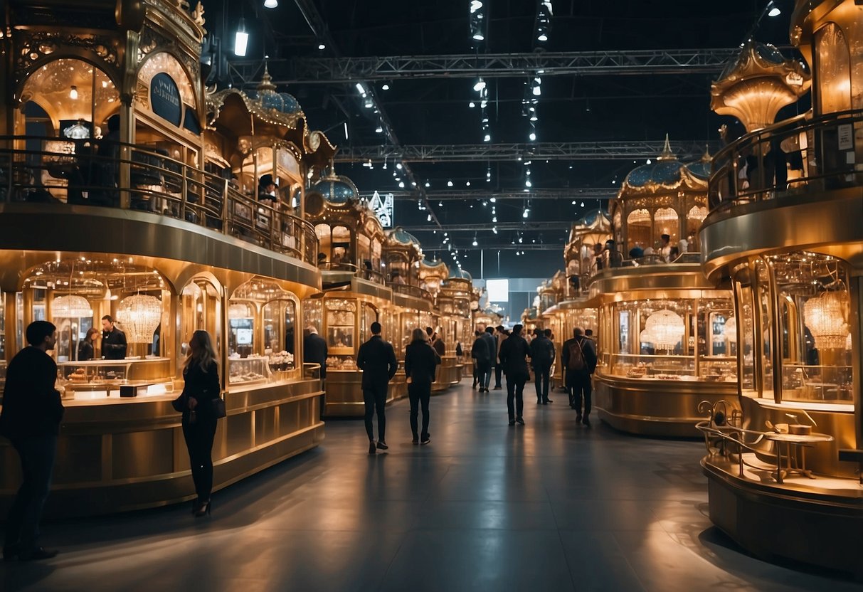 The bustling fair showcases modern furniture and stylish furnishings. Bright lights illuminate the sleek displays, while visitors admire the latest designs