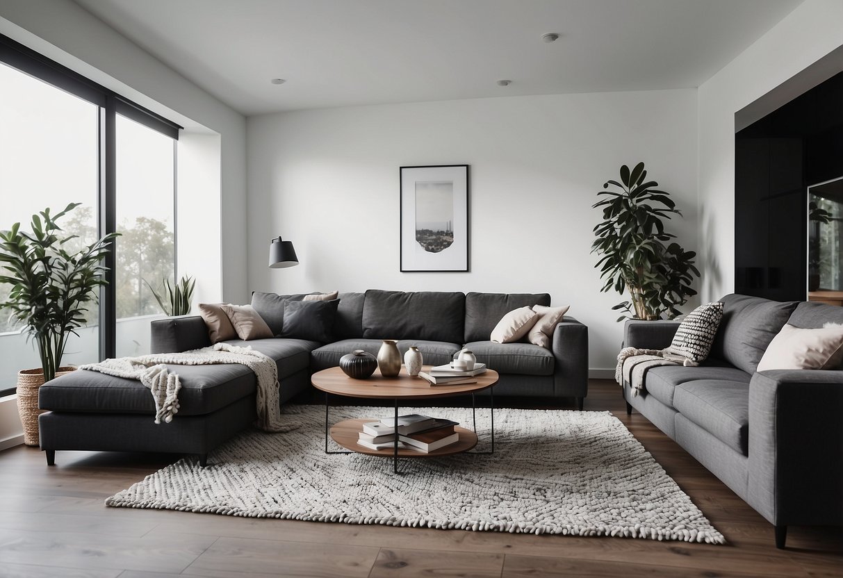 A white living room with dark furniture