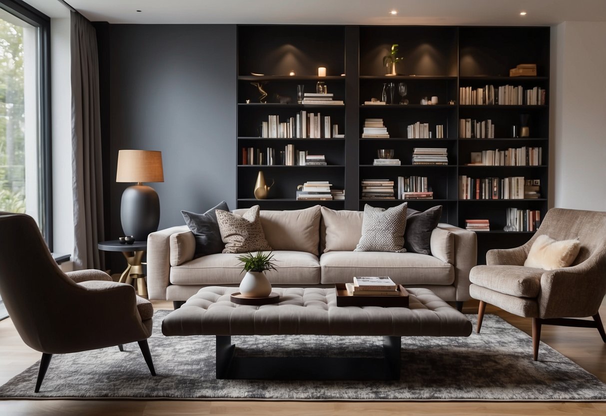 A cozy living room with a plush sofa, sleek coffee table, and stylish armchair. A modern bookshelf and a chic area rug complete the inviting space