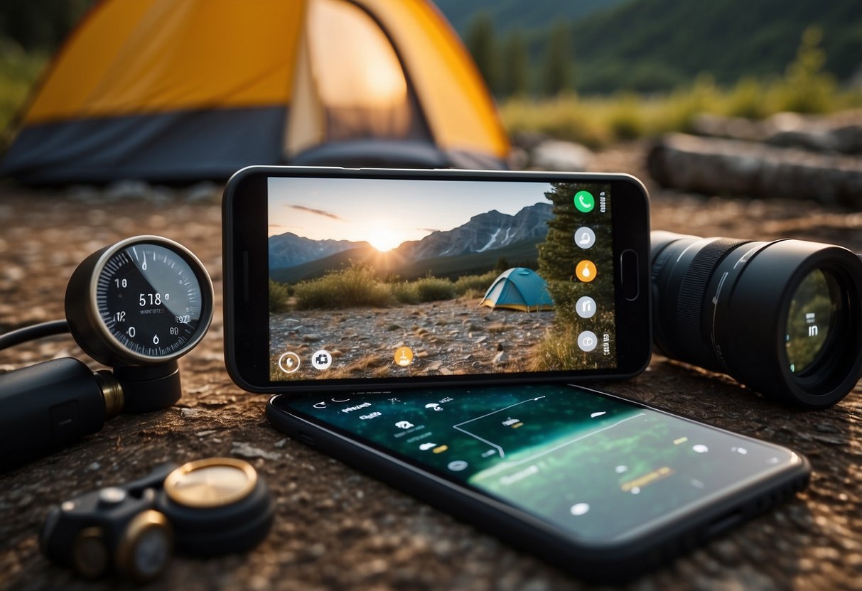 A smartphone with camping apps open on a map, surrounded by a compass, flashlight, and binoculars. The background shows a scenic camping spot with a tent and a campfire