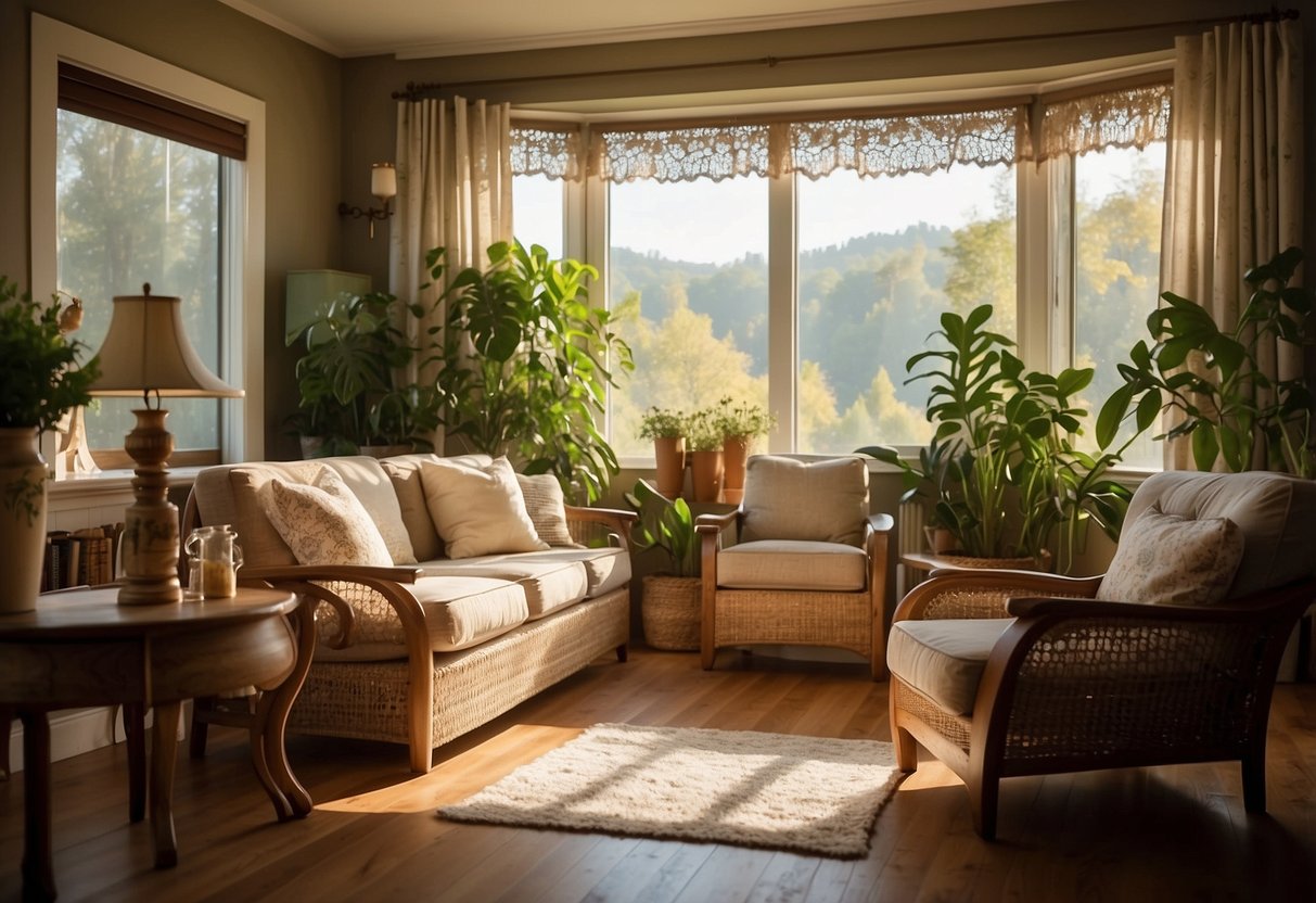 A cozy living room with rustic wooden furniture, floral upholstery, and vintage accents. Sunlight streams through lace curtains, creating a warm and inviting atmosphere