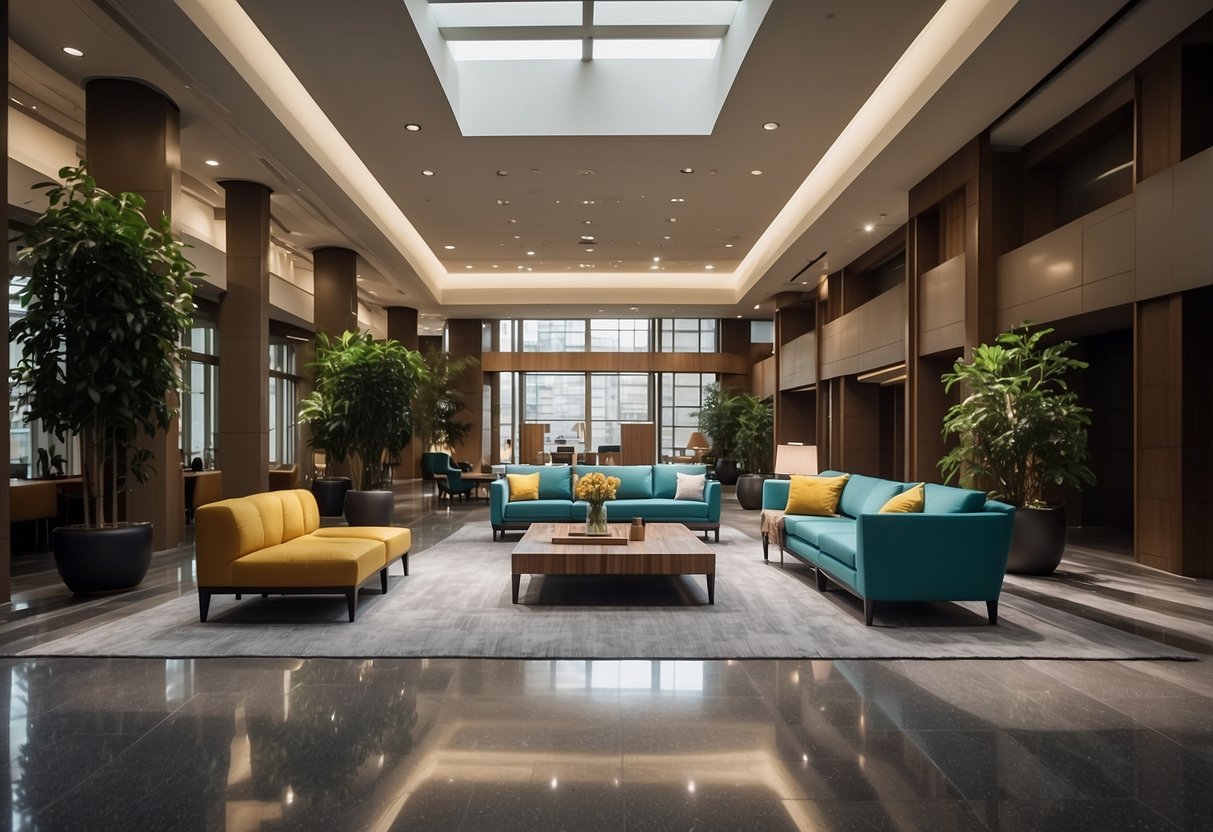 The lobby is filled with modern furniture, including sleek chairs, tables, and sofas. The CAD blocks showcase clean lines and contemporary designs