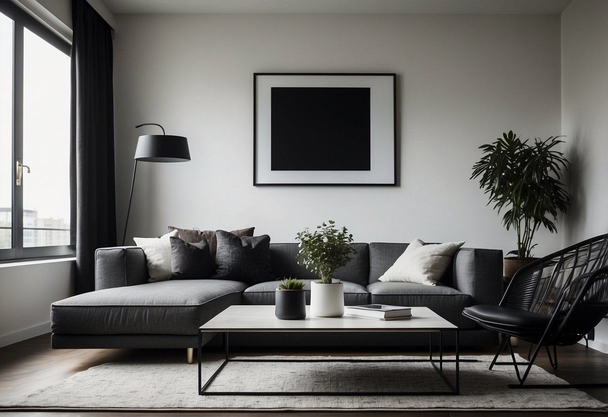 A white living room with dark furniture, creating a striking contrast. Bold lines and sharp angles define the space, with minimal decor for a modern aesthetic
